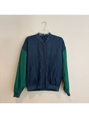 Brick Blue and Green 100% Silk Color Block Bomber Jacket